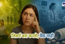 A thoughtful young woman sits at the center of the image, appearing conflicted. On the left side, a peaceful natural scene shows a woman meditating in a forest and two people walking under sunlight, symbolizing natural healing. On the right side, a modern hospital setting shows a doctor attending to a patient and a bottle of pills spilling out, representing conventional medicine. The image contrasts natural therapy with medical treatment.