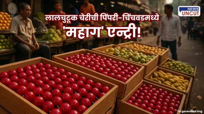 Colorful wooden crates filled with neatly arranged red, green, and yellow fruits on display at a busy outdoor Indian market, with vendors and shoppers in the background.