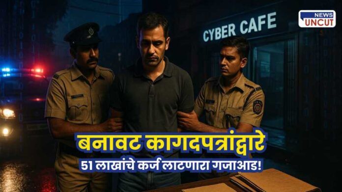 A nighttime scene showing a man being arrested by cyber police officers outside a bank, with documents and electronic equipment visible in the background, symbolizing digital loan fraud.