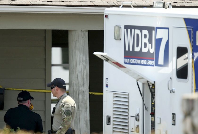 The WDBJ7 live truck is seen outside of the Bridgewater Plaza in Moneta