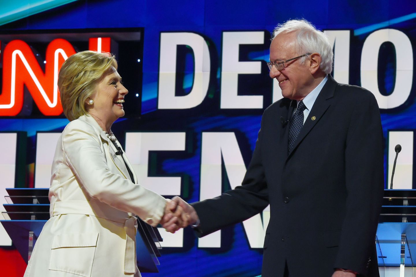 Hillary Clinton and Bernie Sanders take their increasingly acrimonious battle for the Democratic White House nomination to a debate stage in Brooklyn  ahead of the key New York primary. / AFP / Jewel SAMAD        (Photo credit should read JEWEL SAMAD/AFP/Getty Images)