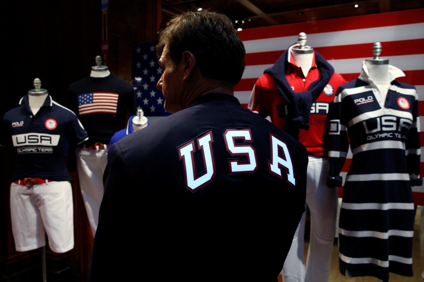 Cliff Meidl, two-time U.S. Olympic athlete, models the official Team USA Opening Ceremony flag bearer outfit which will  include special electroluminescent panels, in New York