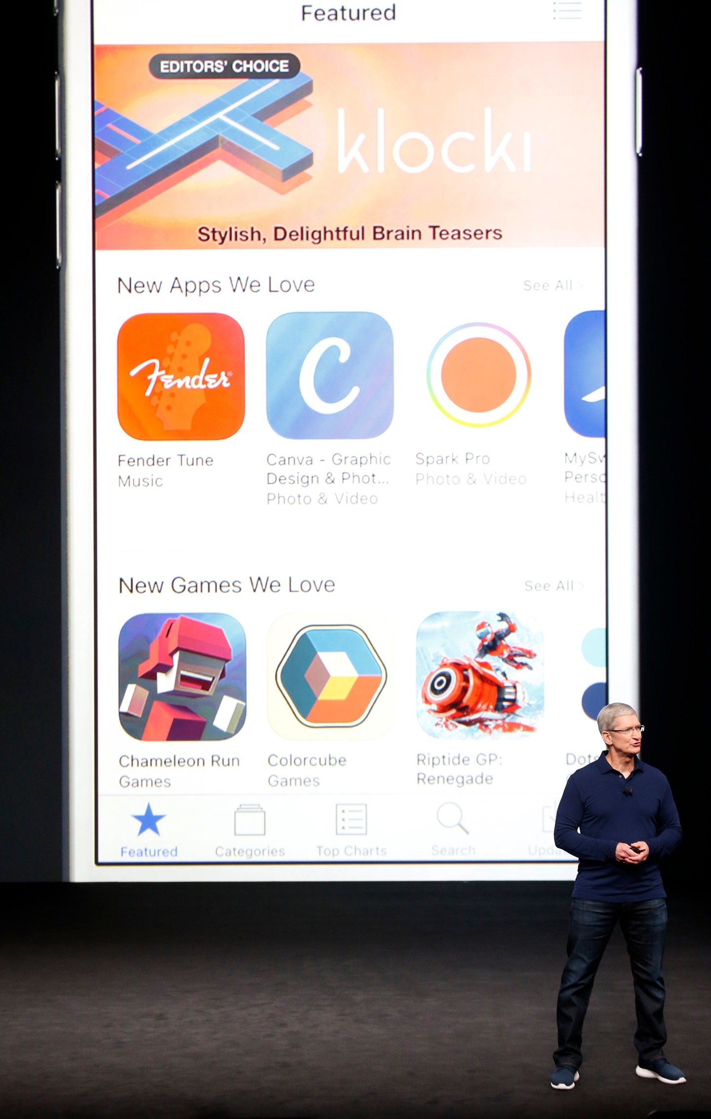 Apple Inc CEO Tim Cook discusses the App Store during an Apple media event in San Francisco