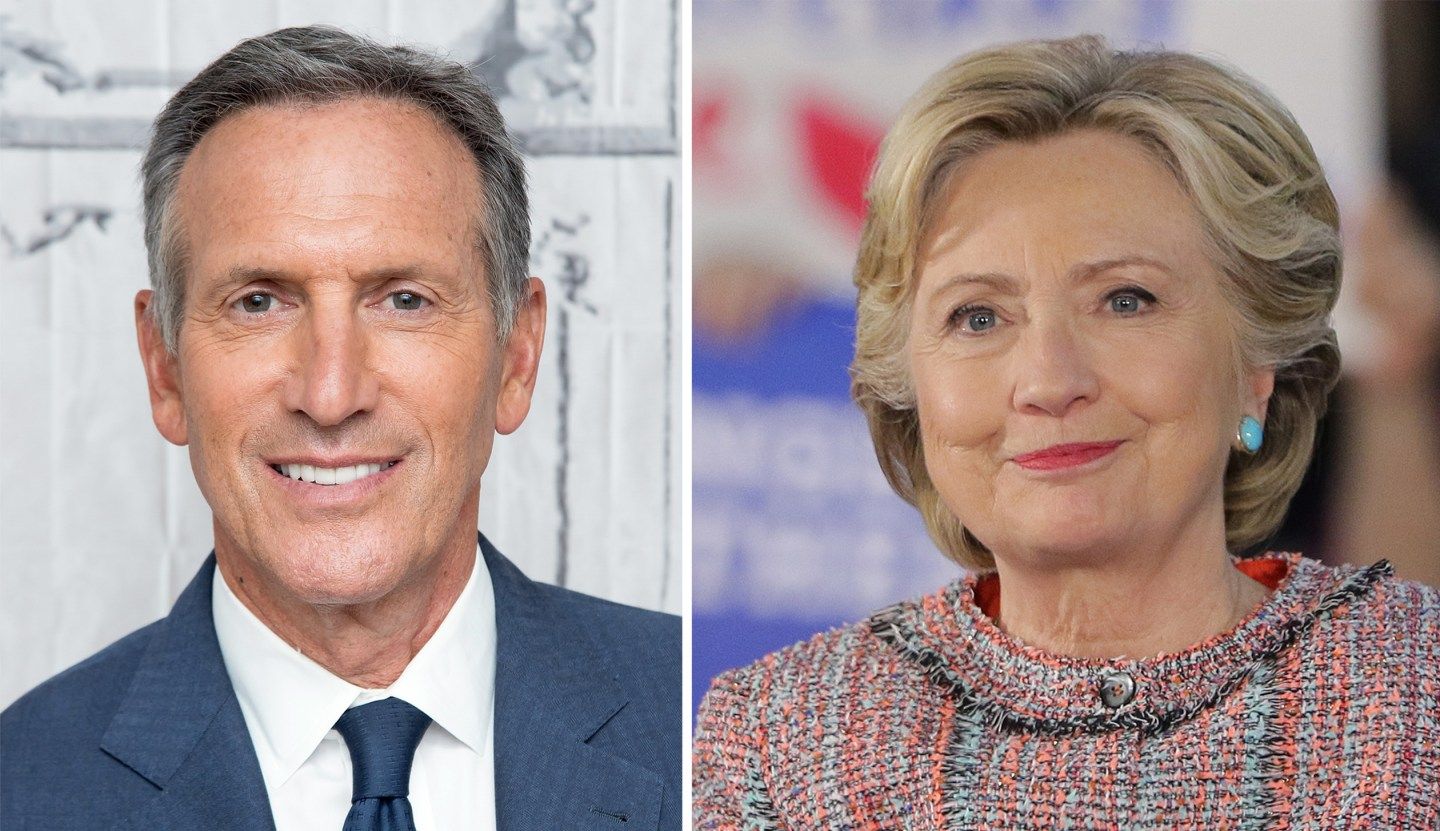 Starbucks CEO Howard Schultz attends the AOL Build Speaker Series to discuss the Starbucks original content series 'Upstanders' at AOL HQ on September 7, 2016 in New York City. Democratic presidential nominee and former Secretary of State Hillary Clinton is seen during a campaign rally with former Vice President Al Gore at the Miami Dade College - Kendall Campus, Theodore Gibson Center on October 11, 2016 in Miami, Florida.