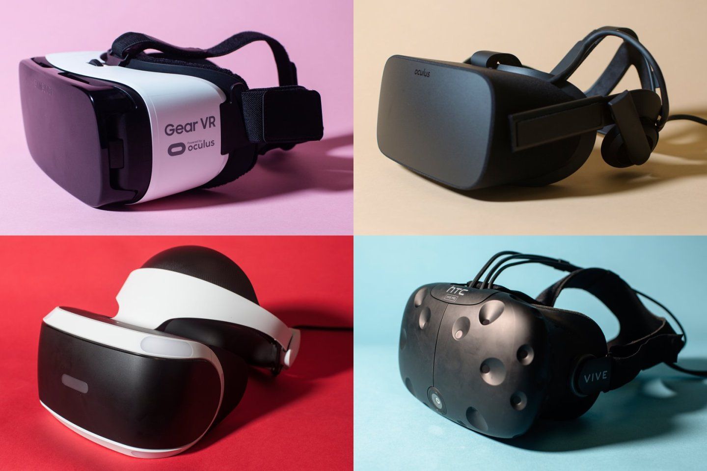 Clockwise from top left: The Samsung Gear VR, The Oculus Rift, the HTC Vive, and the PlayStation VR.