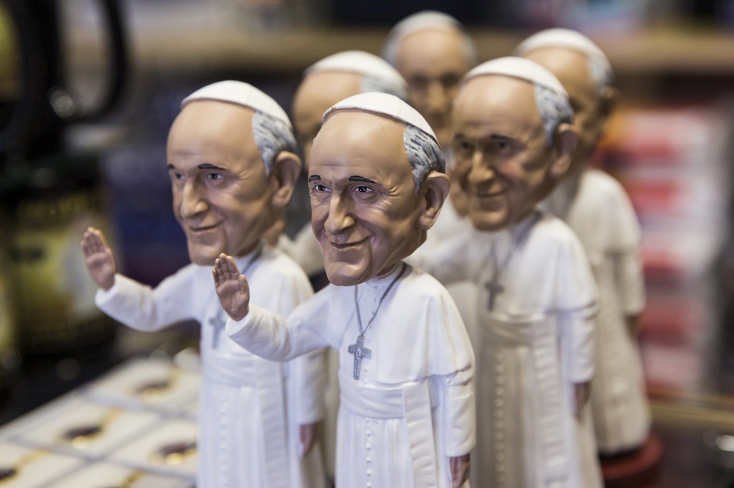 A Pope bobblehead is one of many Pope Francis themed souvenirs for sale at White House Gifts before the Popes first official visit to the United States in Washington, USA on September 21, 2015.