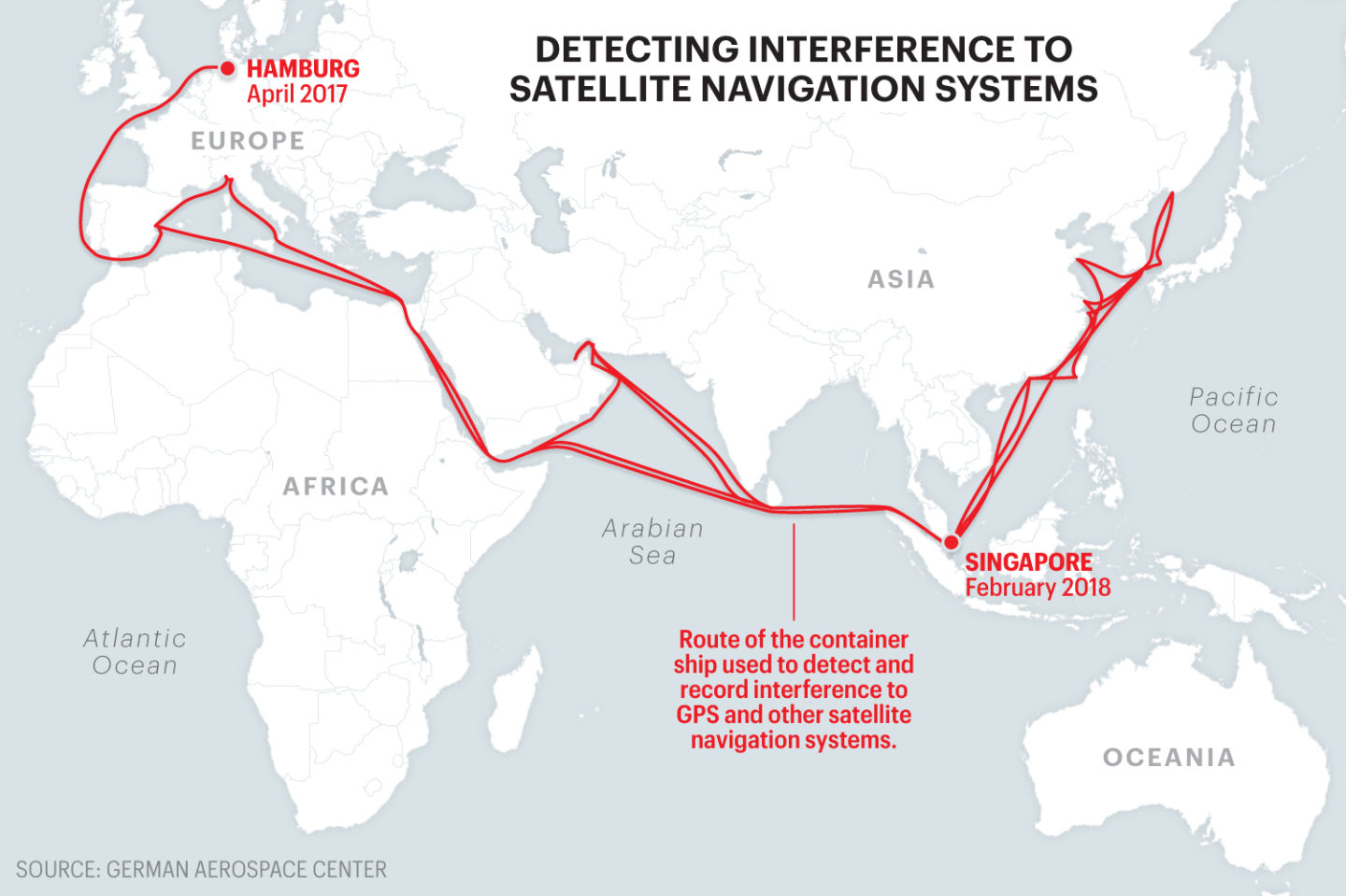 Map shows route of ship used to detect GPS interferences