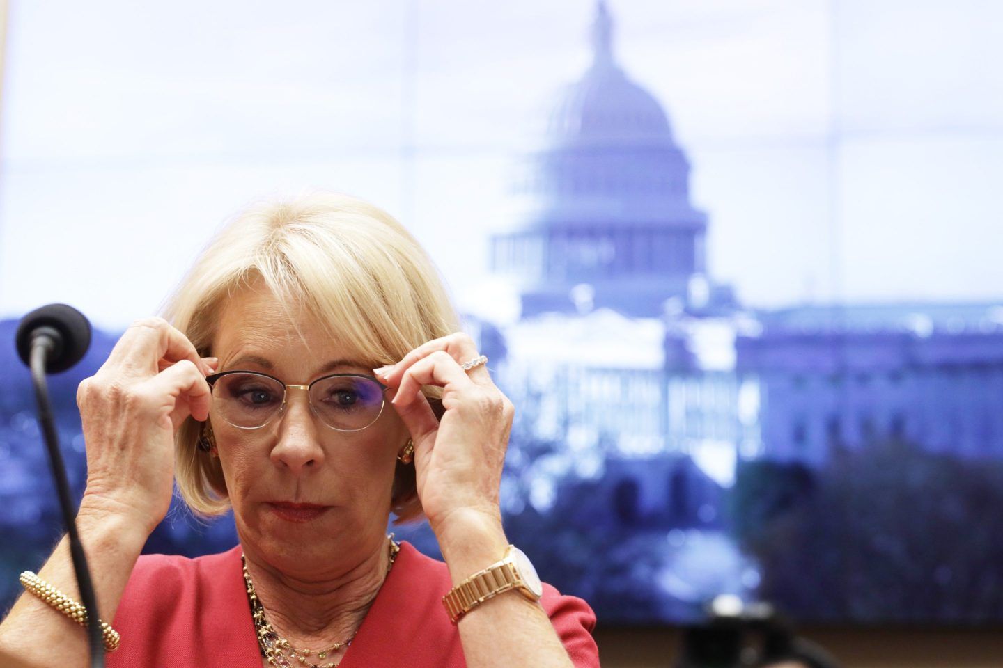 U.S. Secretary of Education Betsy DeVos waits for the beginning of a hearing before House Education and Labor Committee December 12, 2019 on Capitol Hill in Washington, DC.