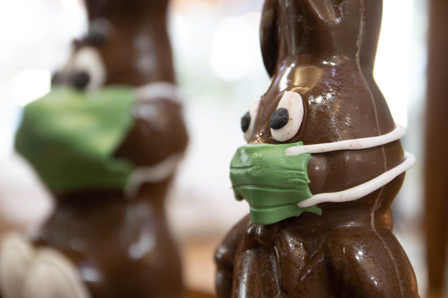 'Coronavirus doctor bunnies'' with face masks, vaccines and representation of the COVID-19 pandemic molecule created by Pastry Chef and owner of Averof Patisserie, Marios Papadopoulos in Thessaloniki, Greece on April 7, 2020.
