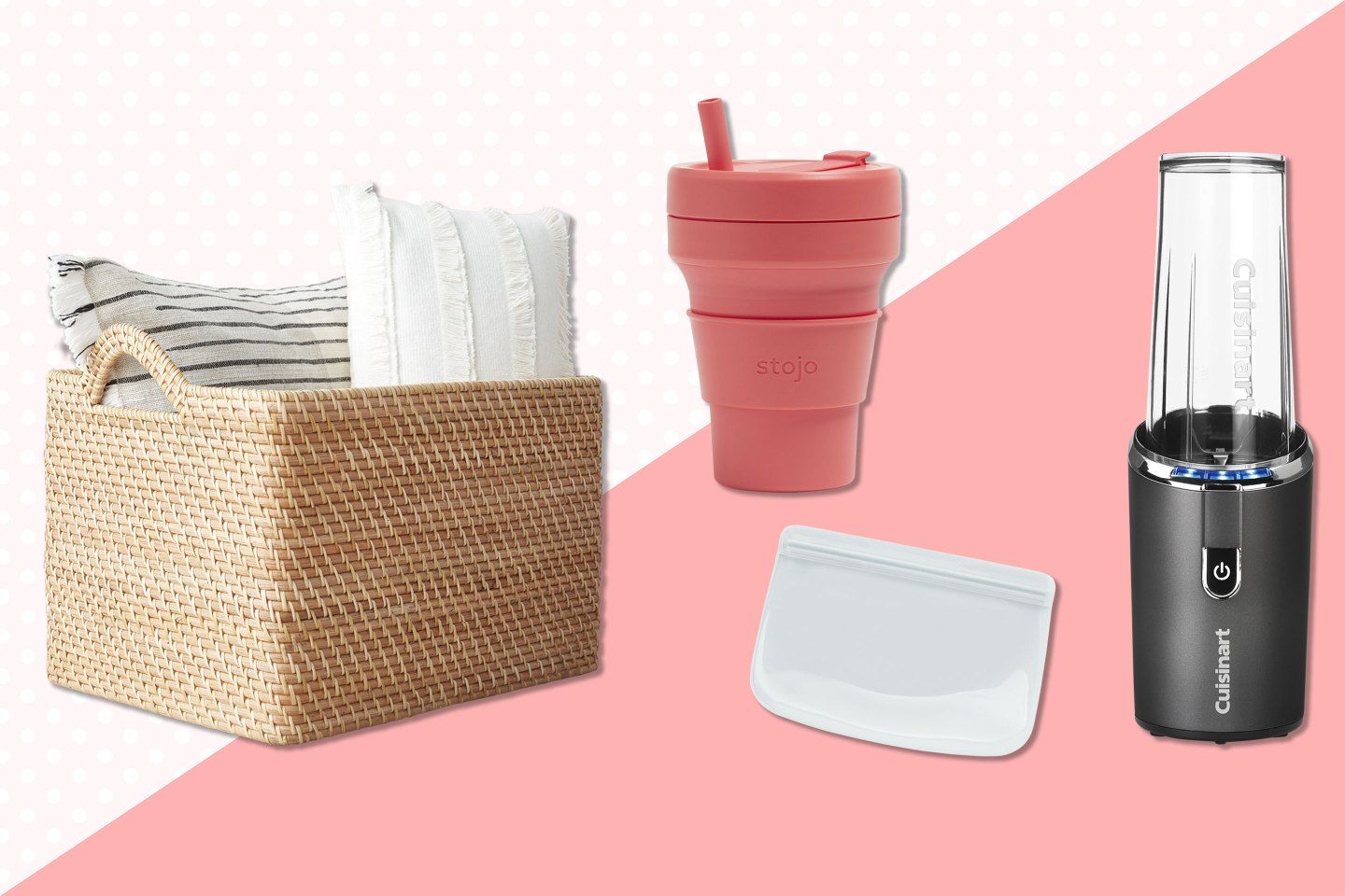 Wicker baskets from The Container Store x Konmari collection; a collapsable coffee cup from Stojo; dishwasher-safe food storage bags from W&P; and a cordless blender by Cuisinart.