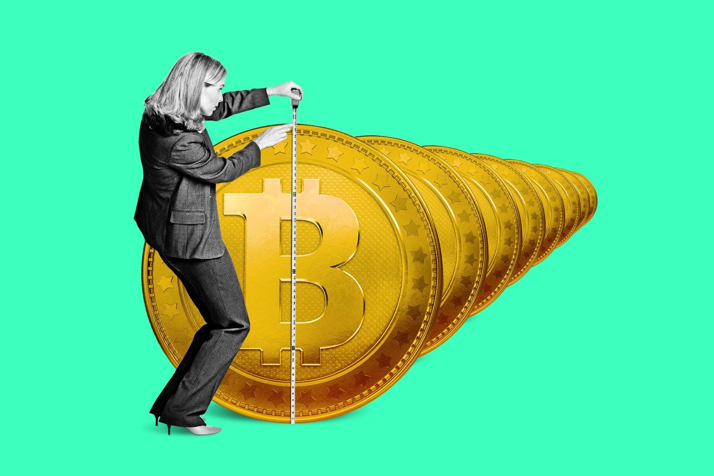 Woman measuring a row of Bitcoins