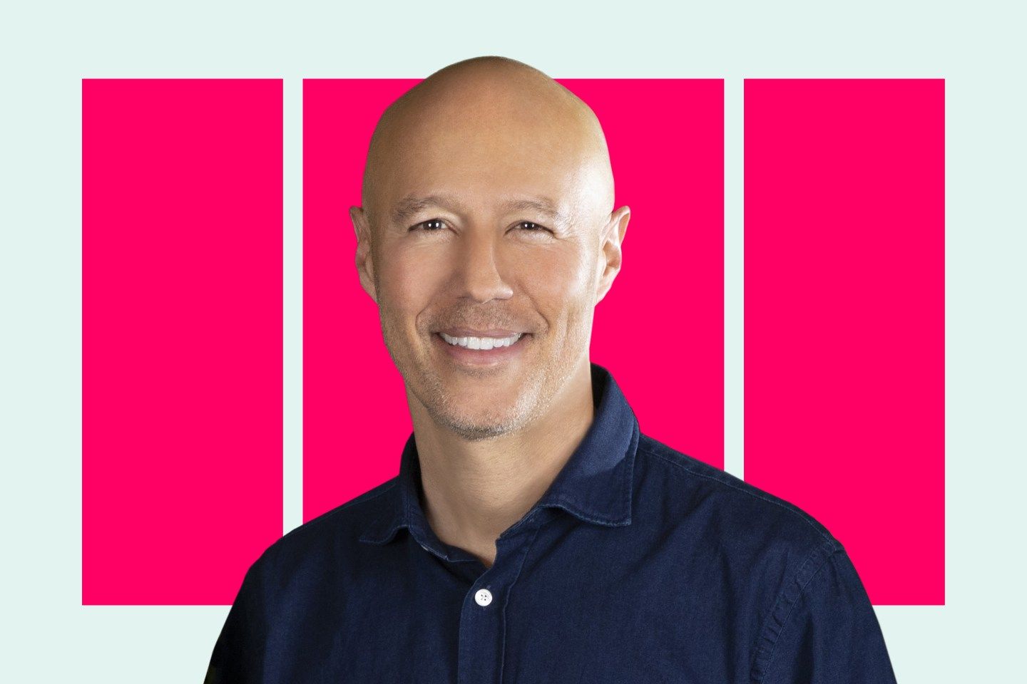 Portrait of Lyft CEO David Risher on pink and blue background.