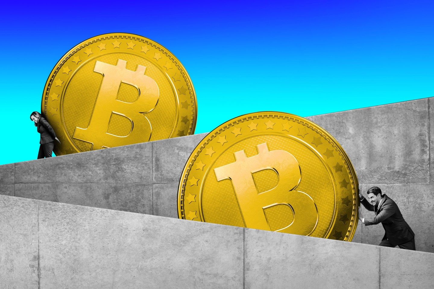 An illustration of people moving coins shaped like Bitcoin uphill.