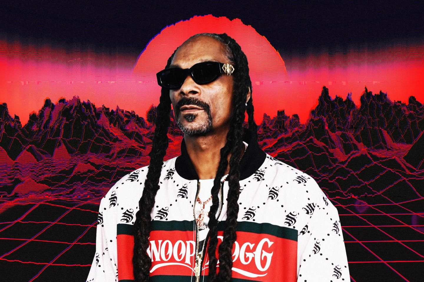 Snoop Dogg behind metaverse land concept.