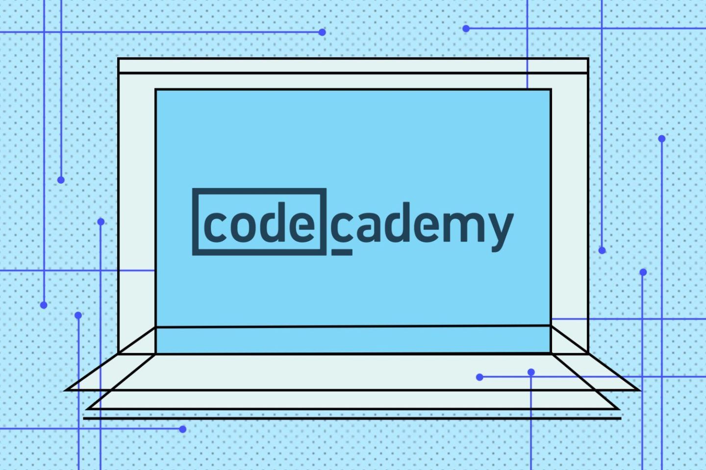 Vector illustration of a laptop surrounded by dots and lines with the Codecademy logo in the center.