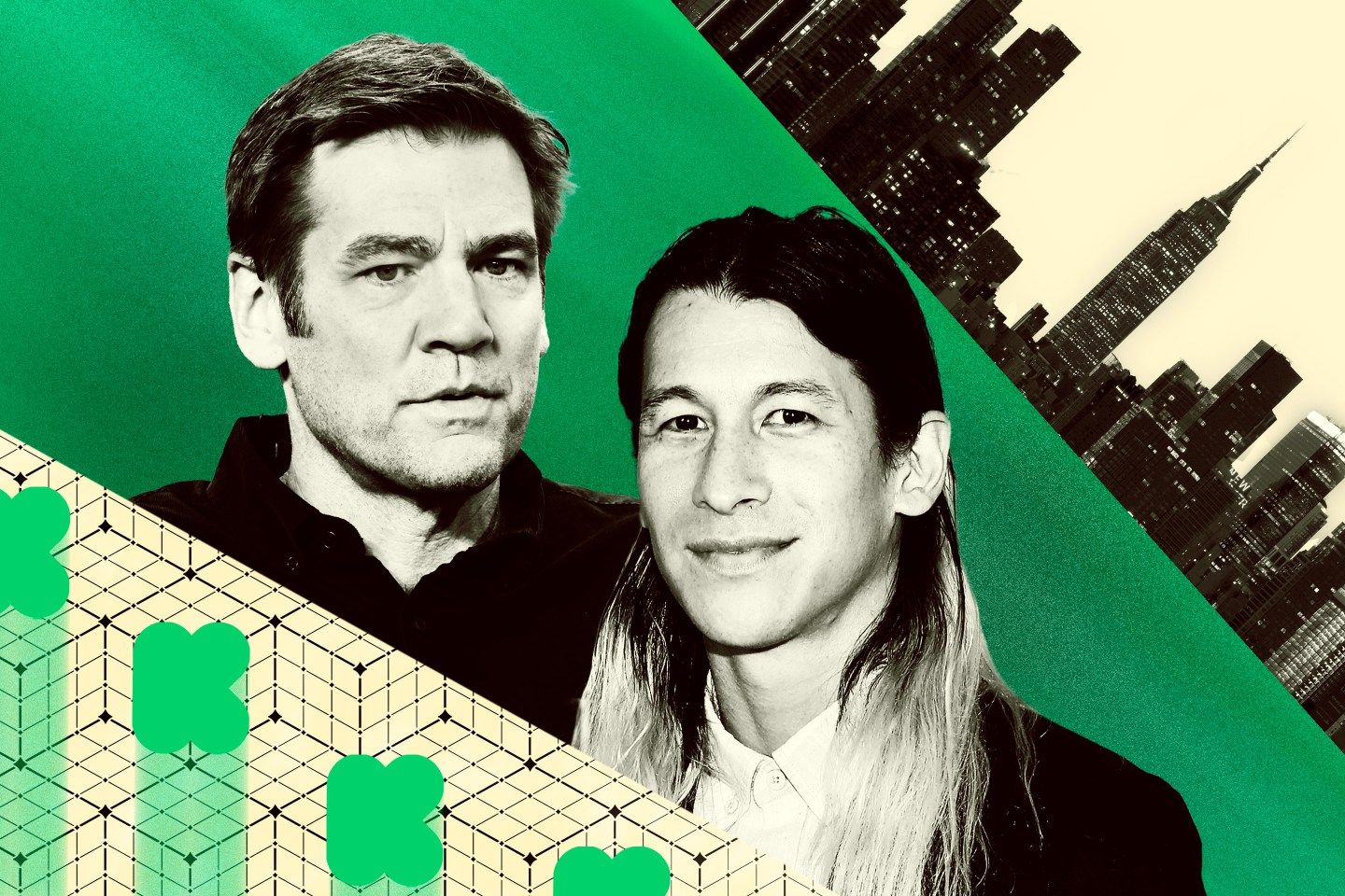 Photo illustration of Chris Dixon and Perry Chen with the New York skyline and blockchain cubes with the Kickstarter logo.