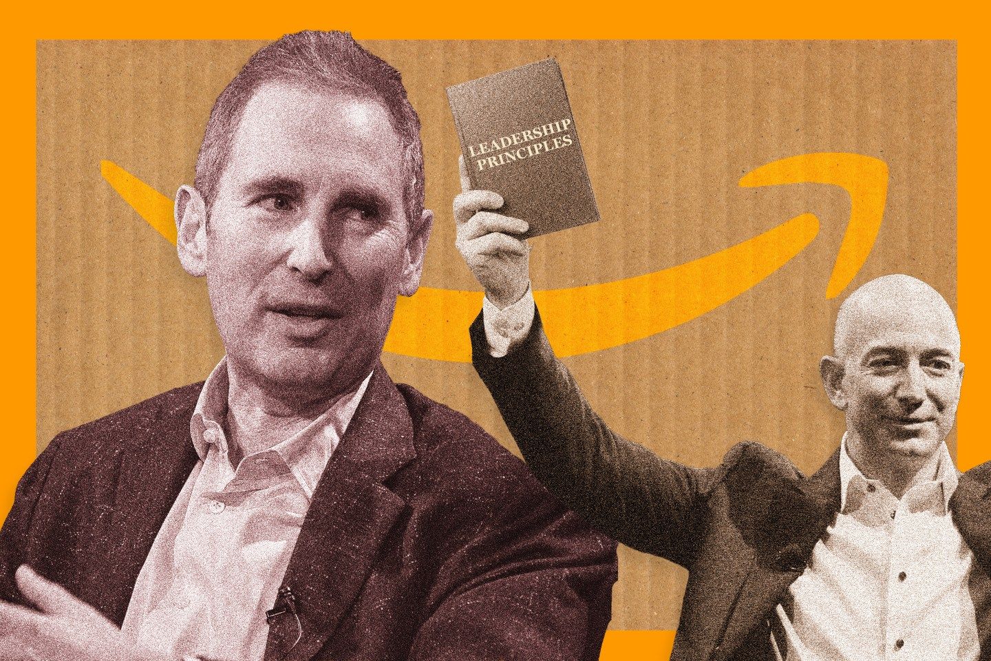 Amazon execs Jassy and Bezos - Bezos holds up a fictitious book of "Leadership Principles"