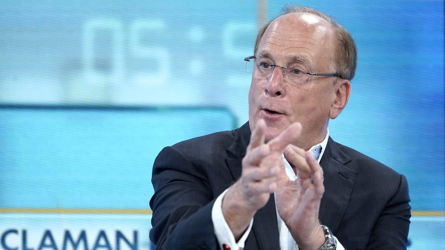 Larry Fink, in front of a light blue background, gestures with both hands in front of him.