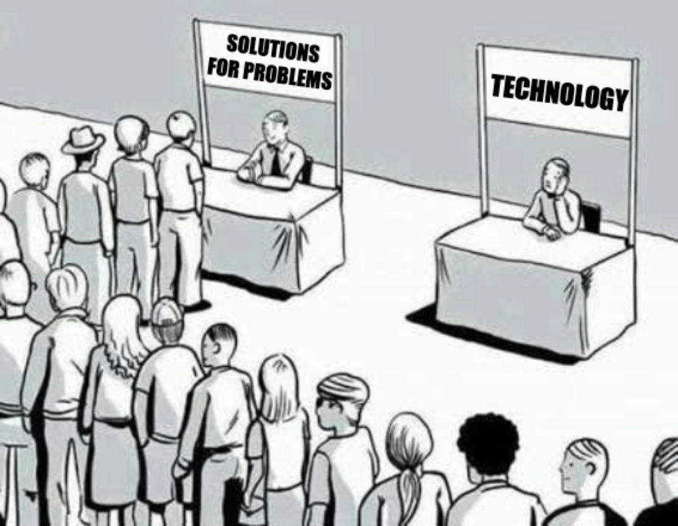 A meme depicting two stands with the signs "solutions for problems" and "technology," but only the former has a line of people waiting at it