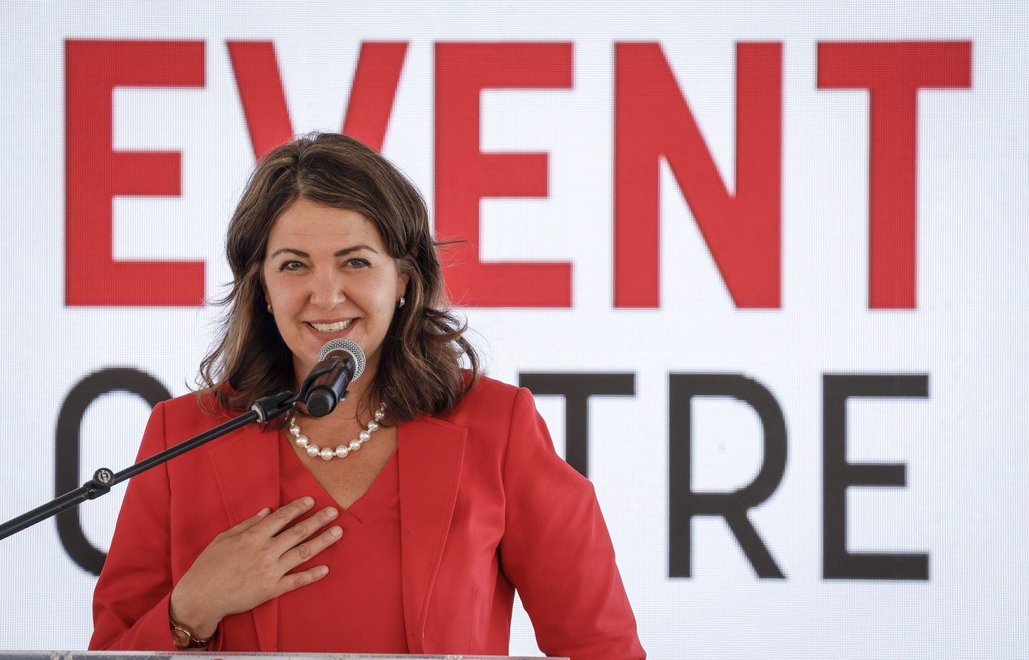 Alberta Premier Danielle Smith announces the start of construction on a new Calgary Flames NHL hockey arena in Calgary, Alberta, July 22, 2024. 