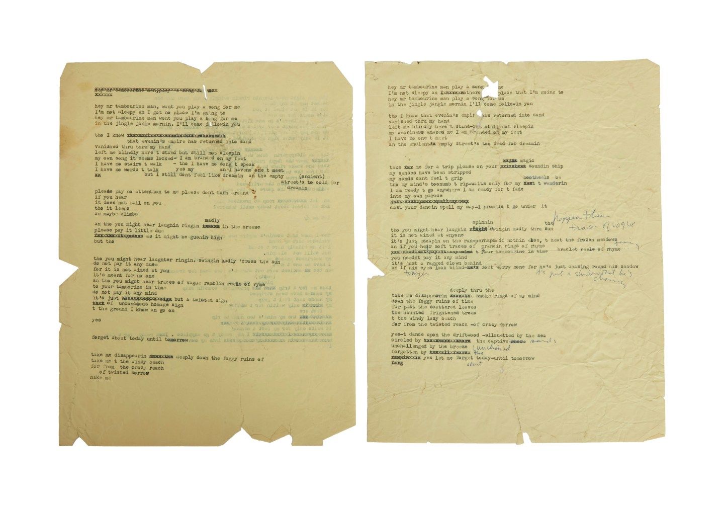 Bob Dylan's lyrics for famed song "Mr. Tamborine Man".