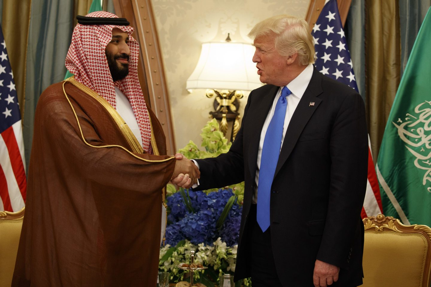 President Donald Trump shakes hands with Saudi Deputy Crown Prince and Defense Minister Mohammed bin Salman during a bilateral meeting, in Riyadh, May 20, 2017.