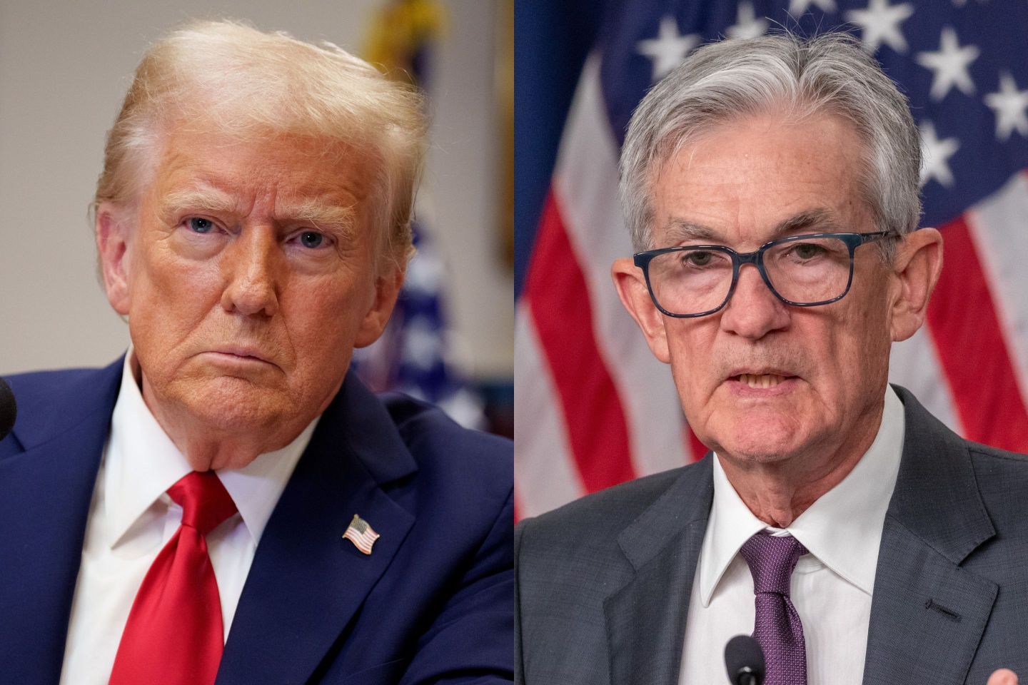 Left: President Donald Trump. Right: FOMC chairman Jerome Powell.