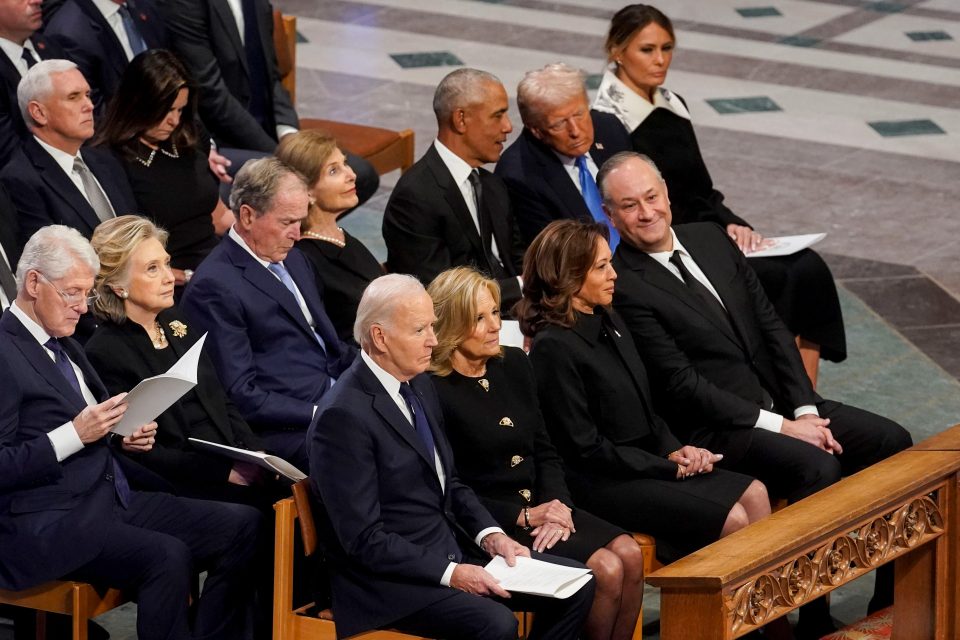 From back left, former President Bill Clinton, former Secretary of State Hillary Clinton, former President George W. Bush, former first lady Laura Bush, former President Barack Obama, President-elect Donald Trump, former first lady Melania Trump; and from front left, President Joe Biden, first lady Jill Biden, Vice President Kamala Harris, and second gentleman Doug Emhoff are pictured during the funeral service of former President Jimmy Carter at the Washington National Cathedral in Washington, D.C., on Thursday, Jan. 9, 2025.