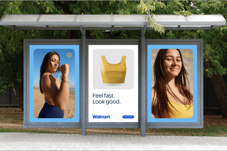 A Walmart ad on a bus shelter