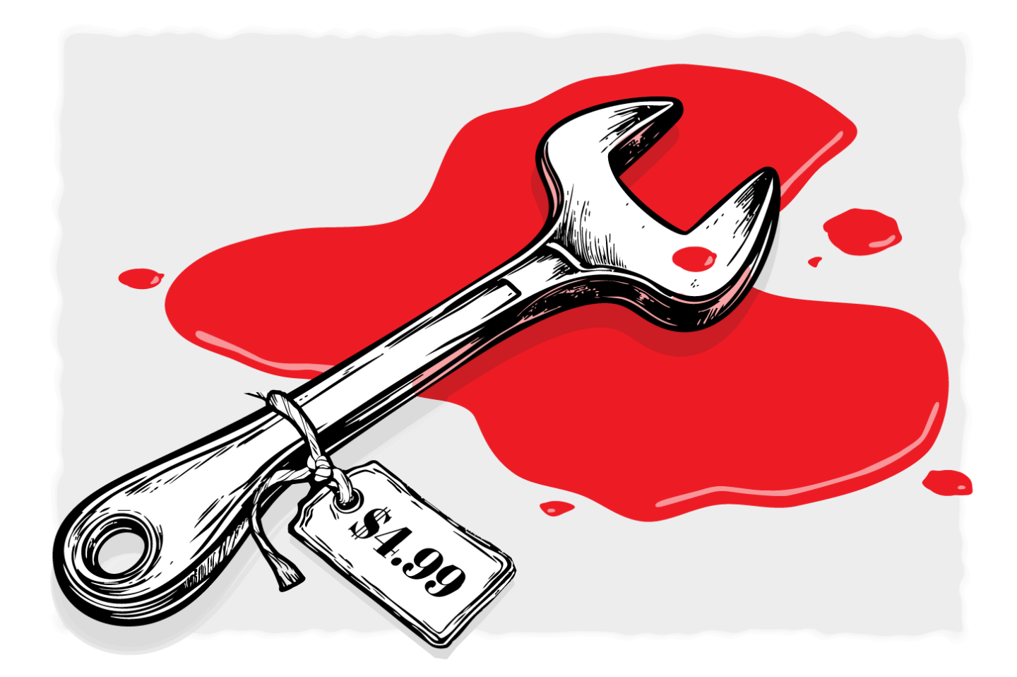 Illustration shows a wrench soaked in blood