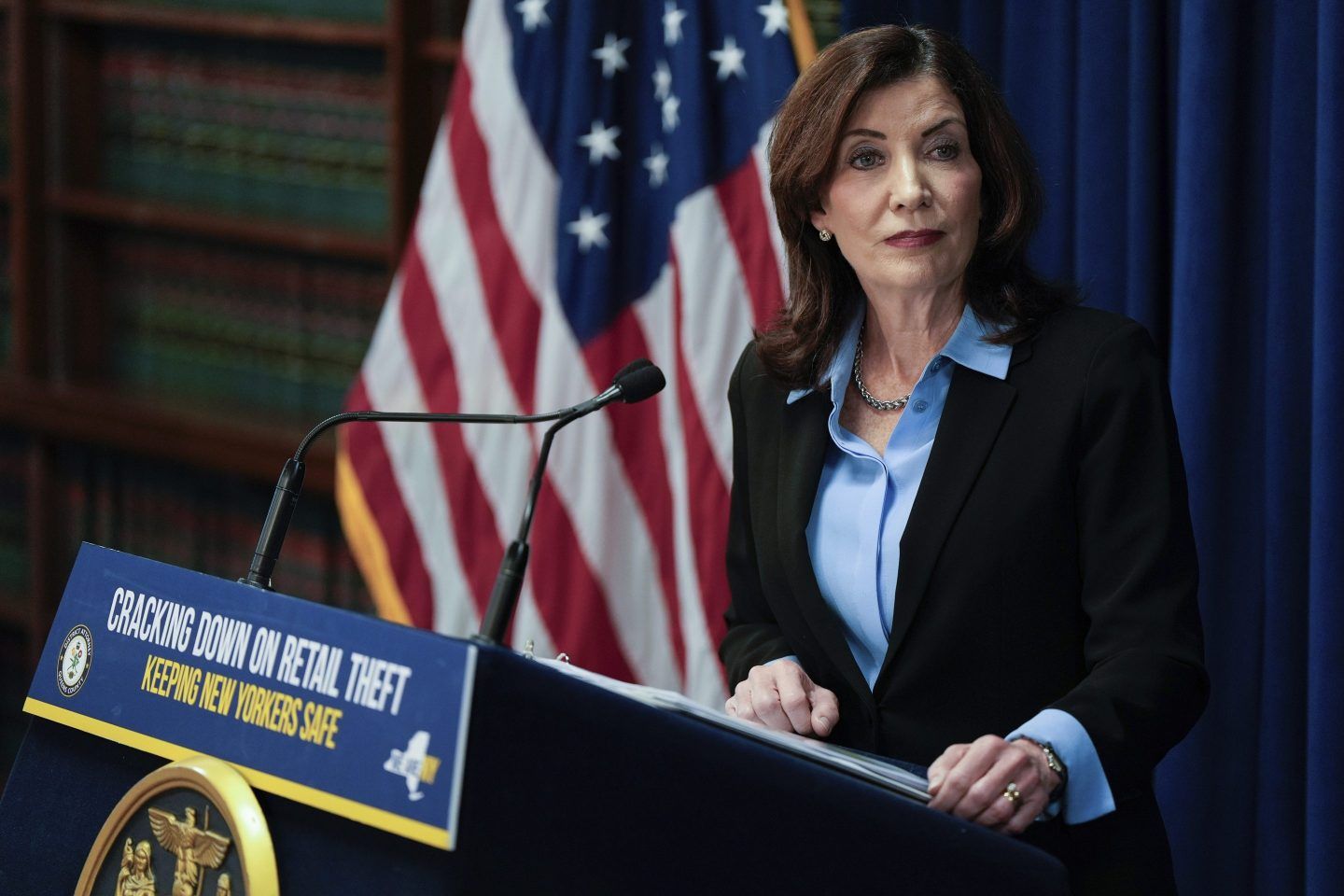 New York Gov. Kathy Hochul speaks at a press conference in the Queens borough of New York, Nov. 26, 2024.