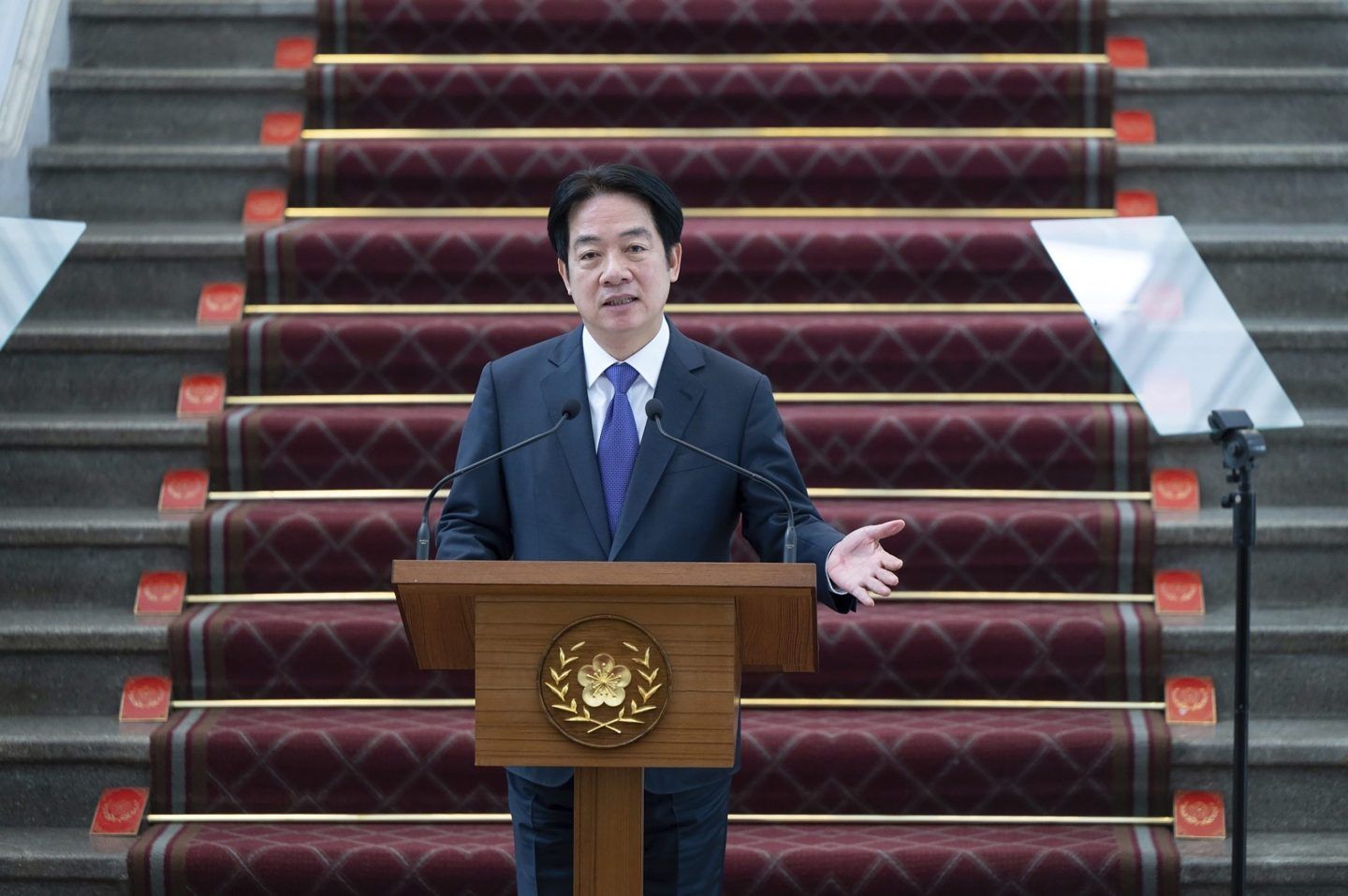 Taiwan's President  Lai Ching-te speaks at a press conference after a security meeting about U.S. President Trump's tariffs on trade partners and semiconductors at the Presidential office in Taipei, on Feb. 14, 2025.