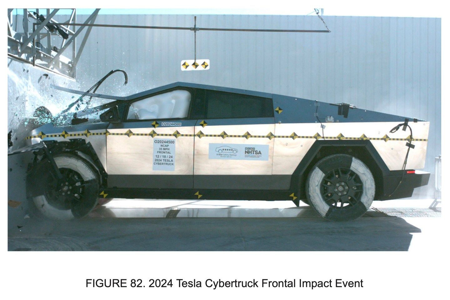 This image from a National Highway Traffic Safety Administration report released on Jan. 14, 2025 shows a crash test of a 2024 Tesla Cybertruck in Adelanto, Calif., on Dec. 18, 2024. 