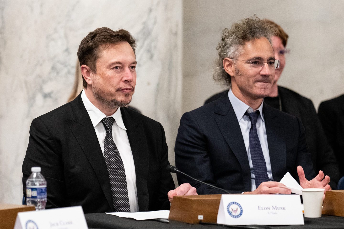  Elon Musk and Palantir CEO Alex Karp at the "AI Insight Forum" on Capitol Hill in 2023. 