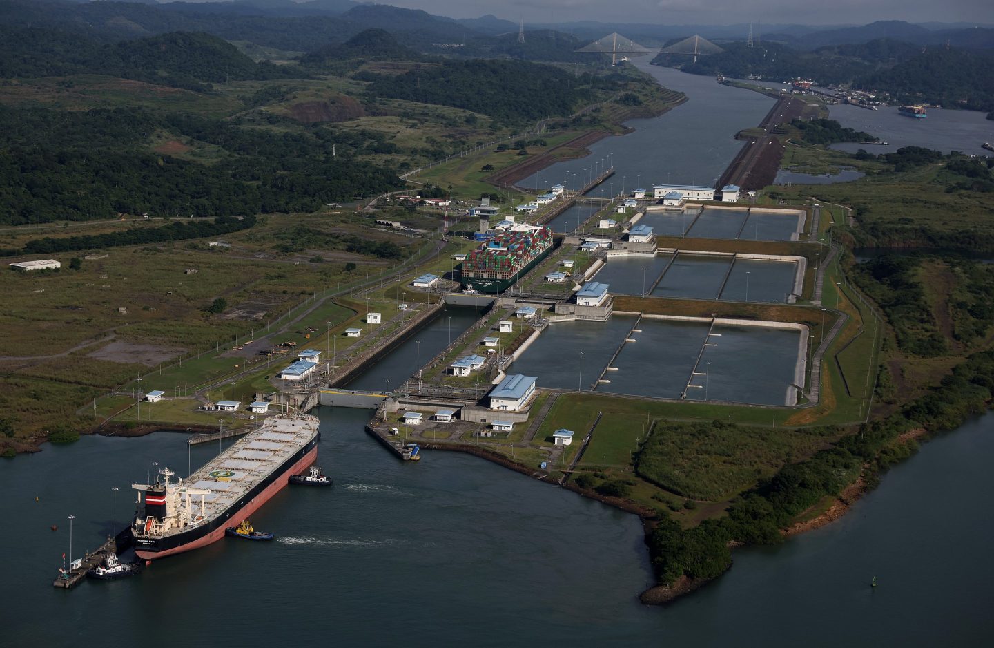 The container ship Tampa Triumph passes through the Miraflores Locks as it transits the Panama Canal on Sept. 20, 2023 in Panama City, Panama. 