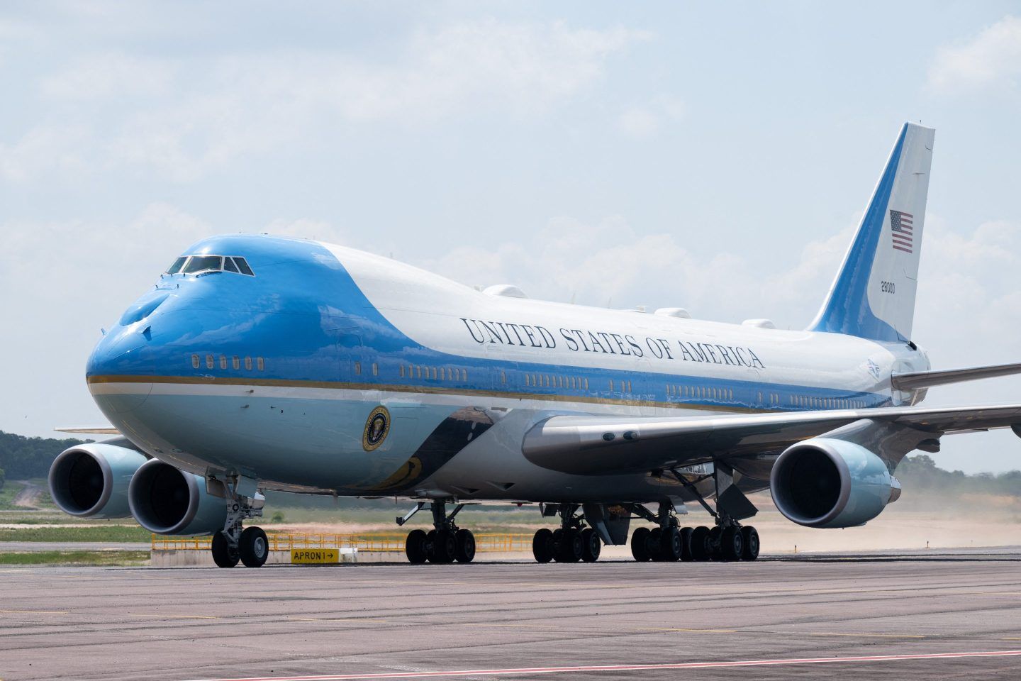 Air Force One sits on a tarmac