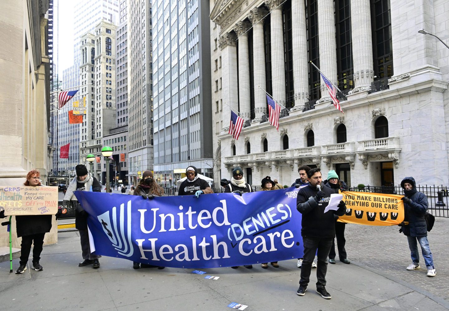 Doctors and patients in New York City protesting UnitedHealth after the company announced earnings in January.