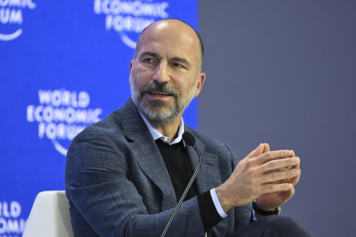 Uber CEO Dara Khosrowshahi on stage at the WEF.