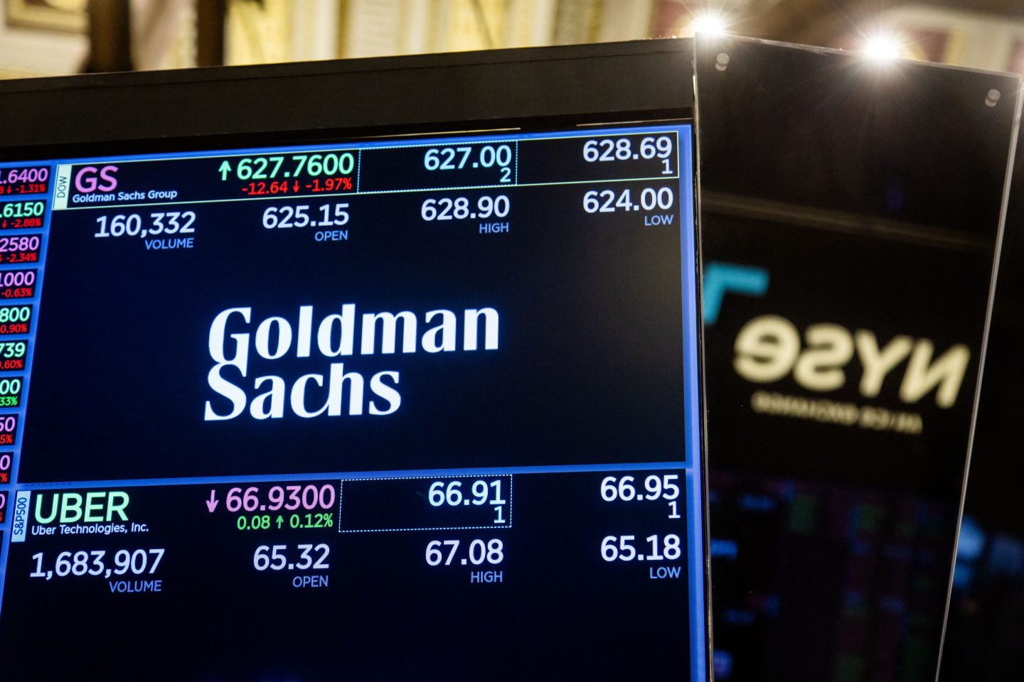 Goldman Sachs signage on the floor of the New York Stock Exchange (NYSE) in New York, on Feb. 3, 2025.