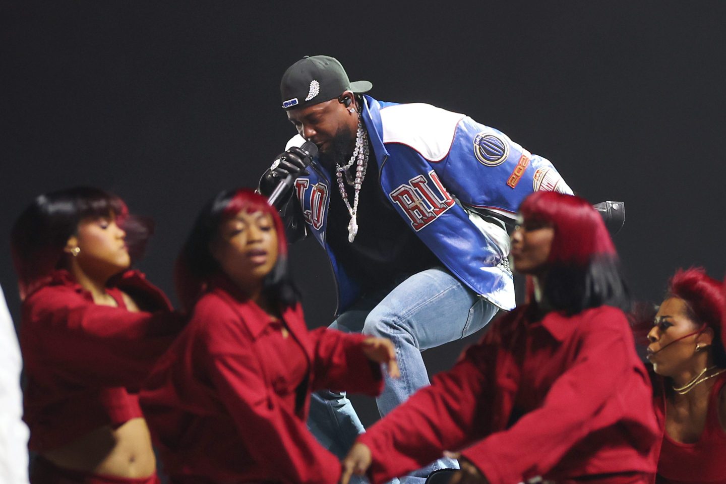 Kendrick Lamar performs onstage during Apple Music Super Bowl LIX Halftime Show.