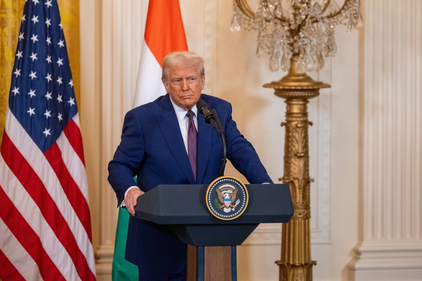 U.S. President Donald Trump and visiting Indian Prime Minister Narendra Modi not in the picture attend a joint news conference at the White House in Washington D.C., the United States, Feb. 13, 2025.