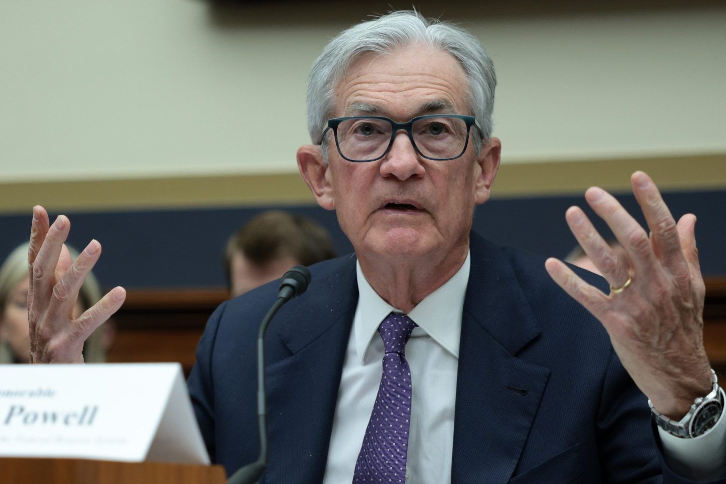 Jerome Powell lifts both his hands as he testifies before the House Committee on Financial Services in the Rayburn House Office Building on Capitol Hill on February 12, 2025 in Washington, DC.