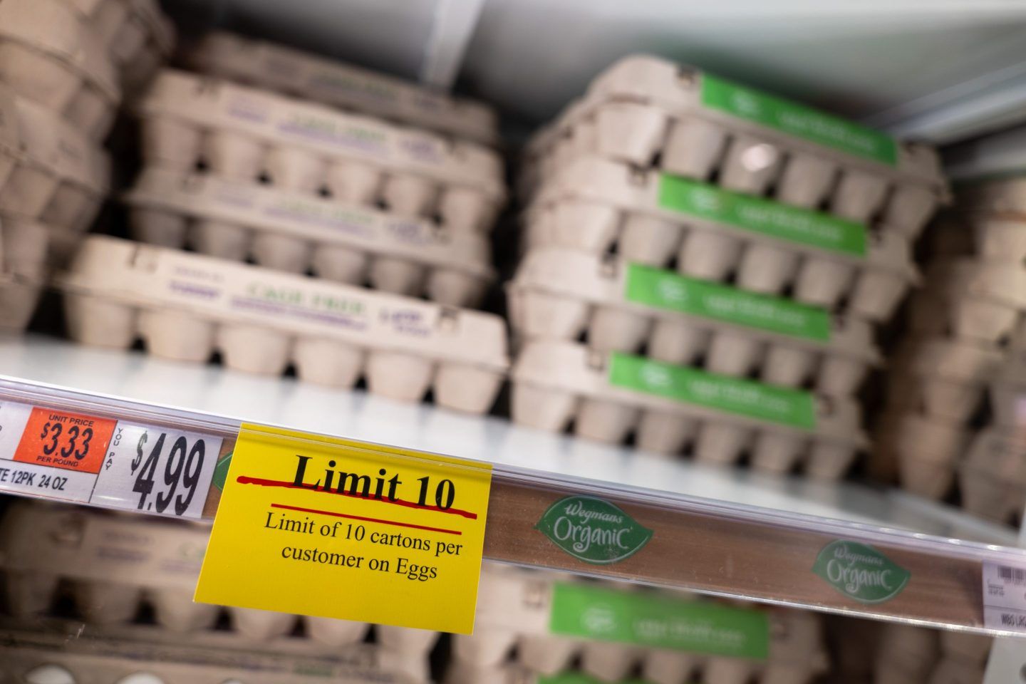 A grocery store shelf shows customers are limited to 10 cartons of eggs