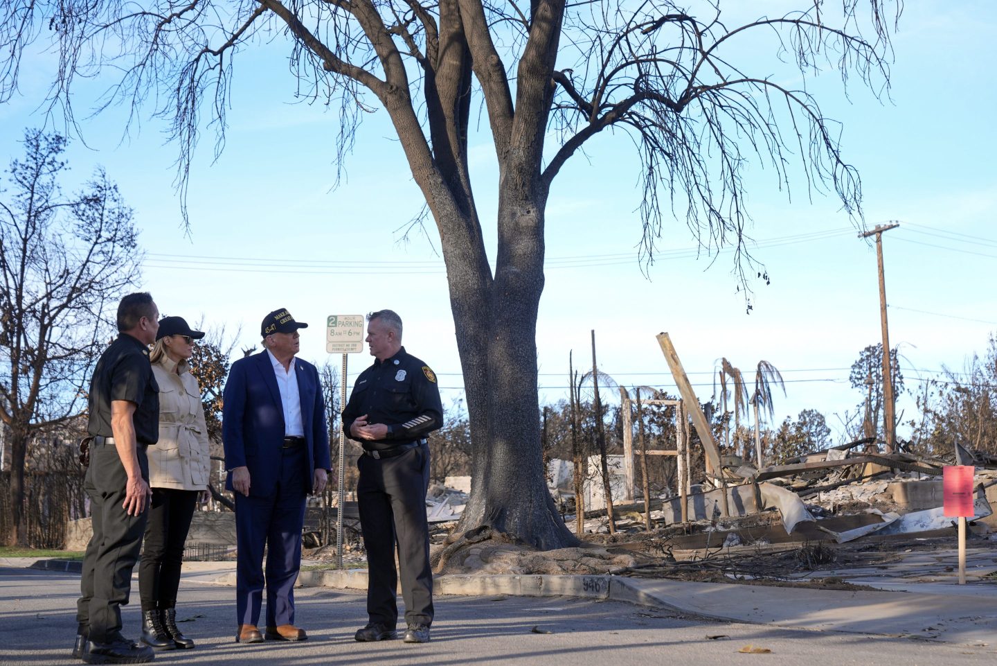 President Donald Trump and first lady Melania Trump in the Pacific Palisades neighborhood on Jan. 24 after the LA wildfires.