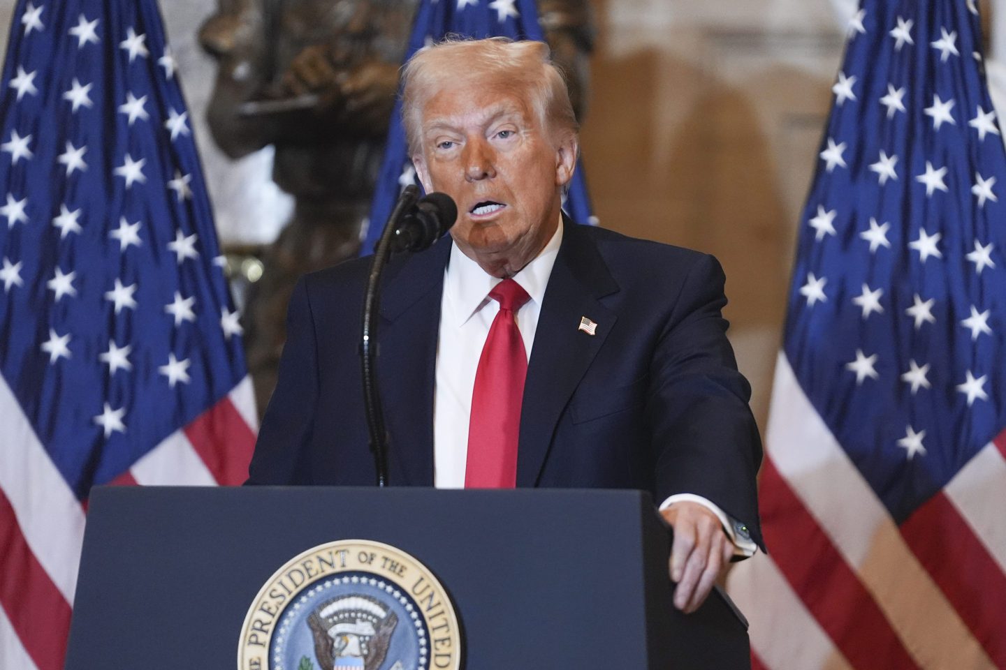President Donald Trump speaks at the National Prayer Breakfast at the Capitol in Washington, Feb. 6, 2025. 