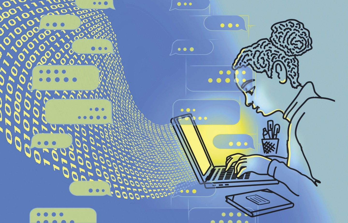 An illustration of a student typing into a computer