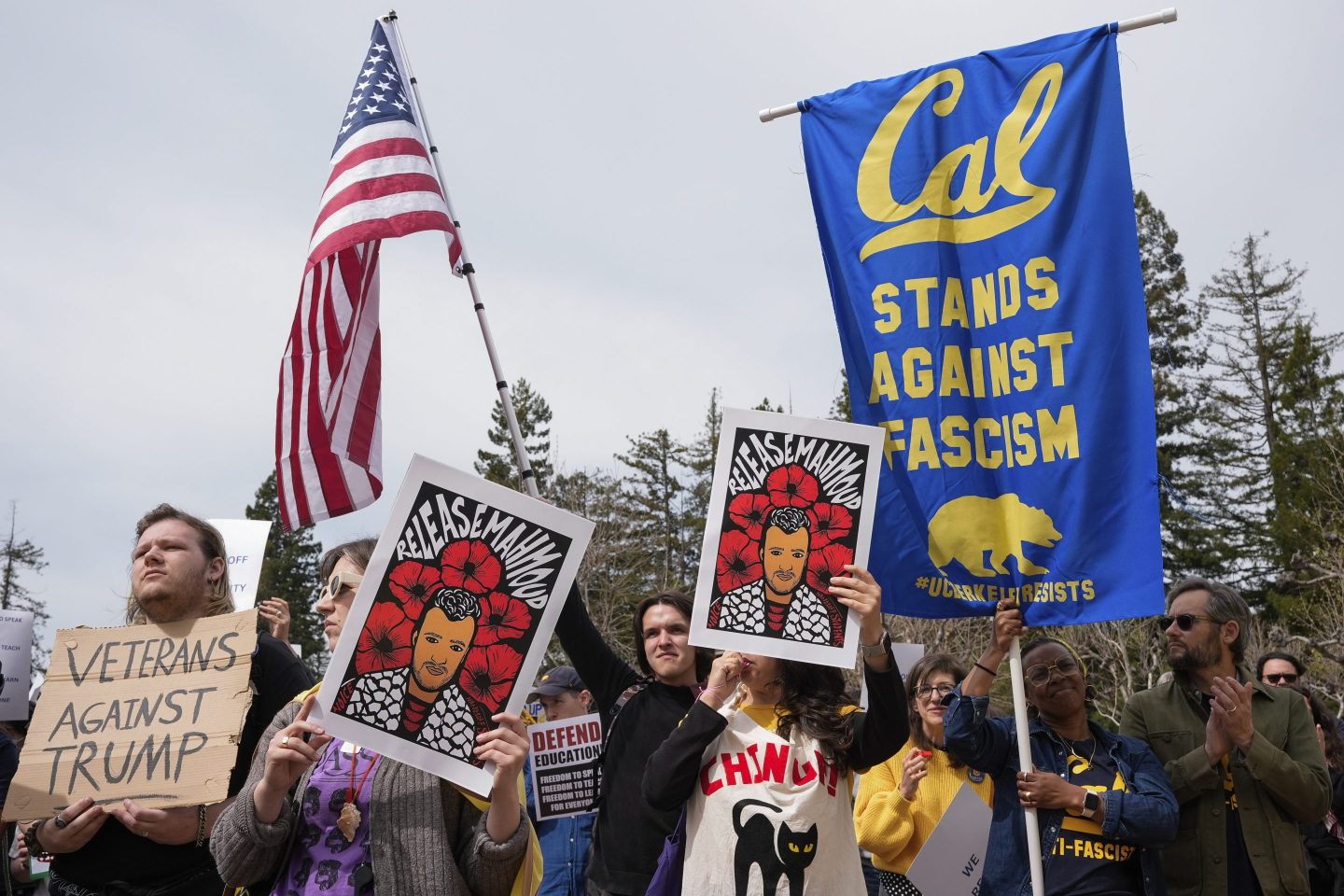 People rally at the University of California, Berkeley campus to protest the Trump administration on March 19, 2025, in Berkeley, Calif. 
