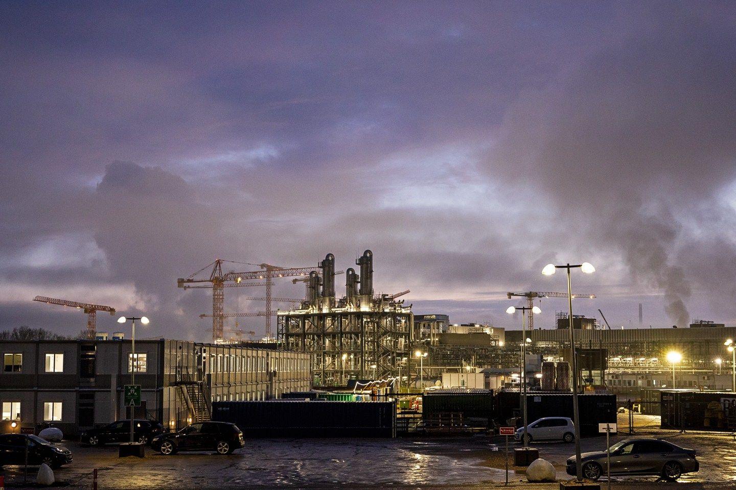 Cranes loom over Novo Nordisk’s fast-growing factory hub in Kalundborg, Denmark.