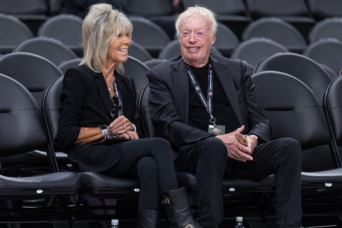 Penny Knight and Phil Knight are seen before the Oregon Ducks and Georgia Bulldogs game in the Naismith Hall of Fame Series at T-Mobile Arena on November 6, 2023 in Las Vegas, Nevada.