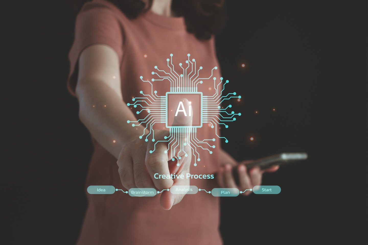 AI logo hologram in front of a woman holding a phone